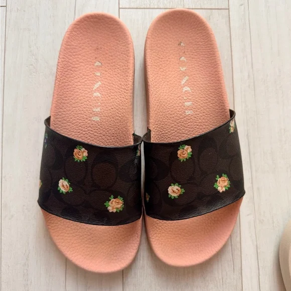 Coach Pink and Brown Floral Slides - Picture 2 of 6